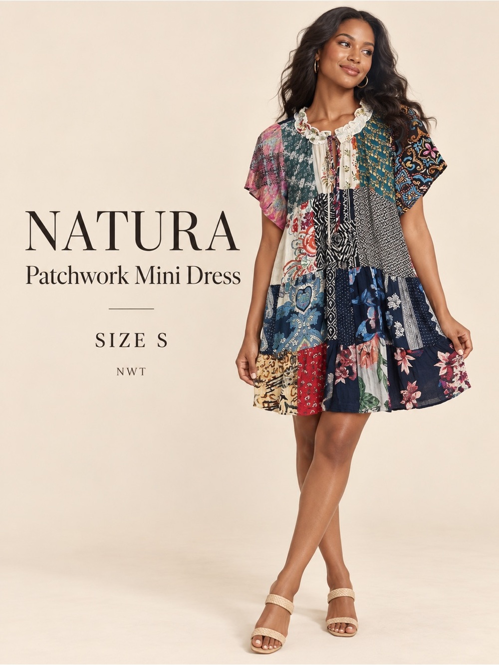 Natura Multicolor Mixed Prints Patchwork Crinkled Viscose Mini Dress Boho Earthy